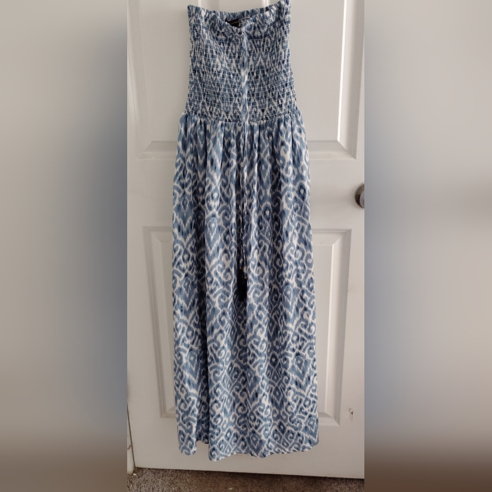Blue and White Smocked Halter Maxi Sundress